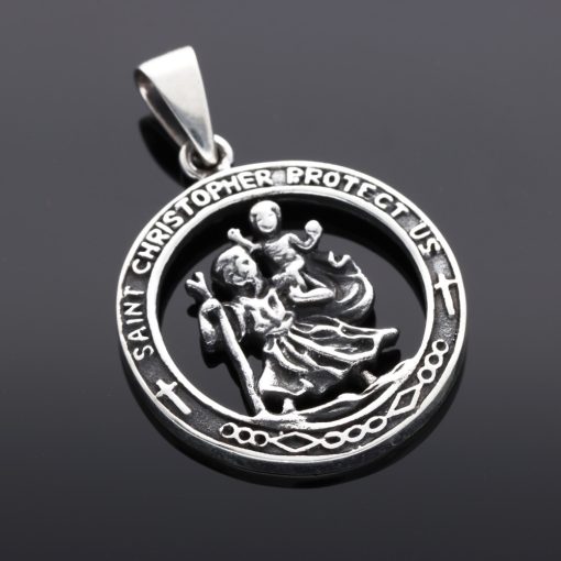 Szent Kristóf ezüst medál - kerek áttört mintás