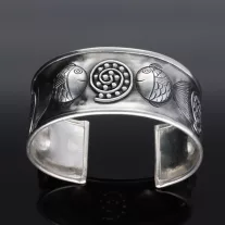 Széles  Gömbhal és Csiga mintás merev ezüst karkötő