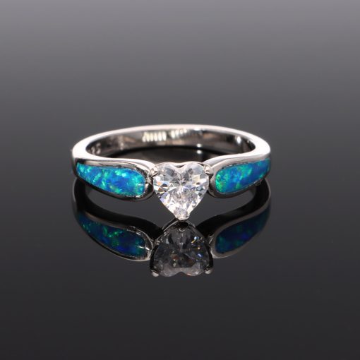 Szív alakú cirkónia kővel és csepp alakú opálokkal díszített 925 ezüst gyűrű