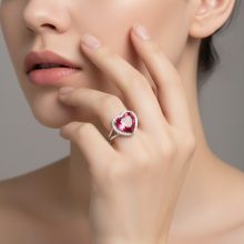 Nagyméretű piros szív alakú kővel és apró cirkóniákkal díszített 925 ezüst gyűrű