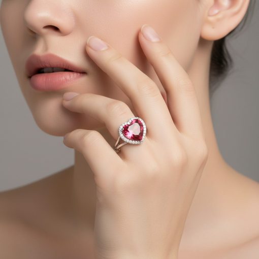 Nagyméretű piros szív alakú kővel és apró cirkóniákkal díszített 925 ezüst gyűrű