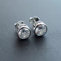 Nagy Kerek Buton köves  fülbevaló, fehér, 8 mm