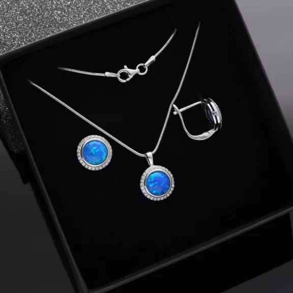  Kerek körbe köves Opál szett nyaklánccal - kék