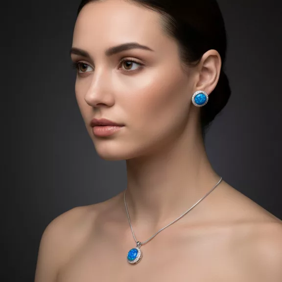  Kerek körbe köves Opál szett nyaklánccal - kék